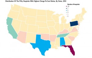 Distribution of 50 Hospitals with highest charge to cost ratios by state 2012 Health Affairs